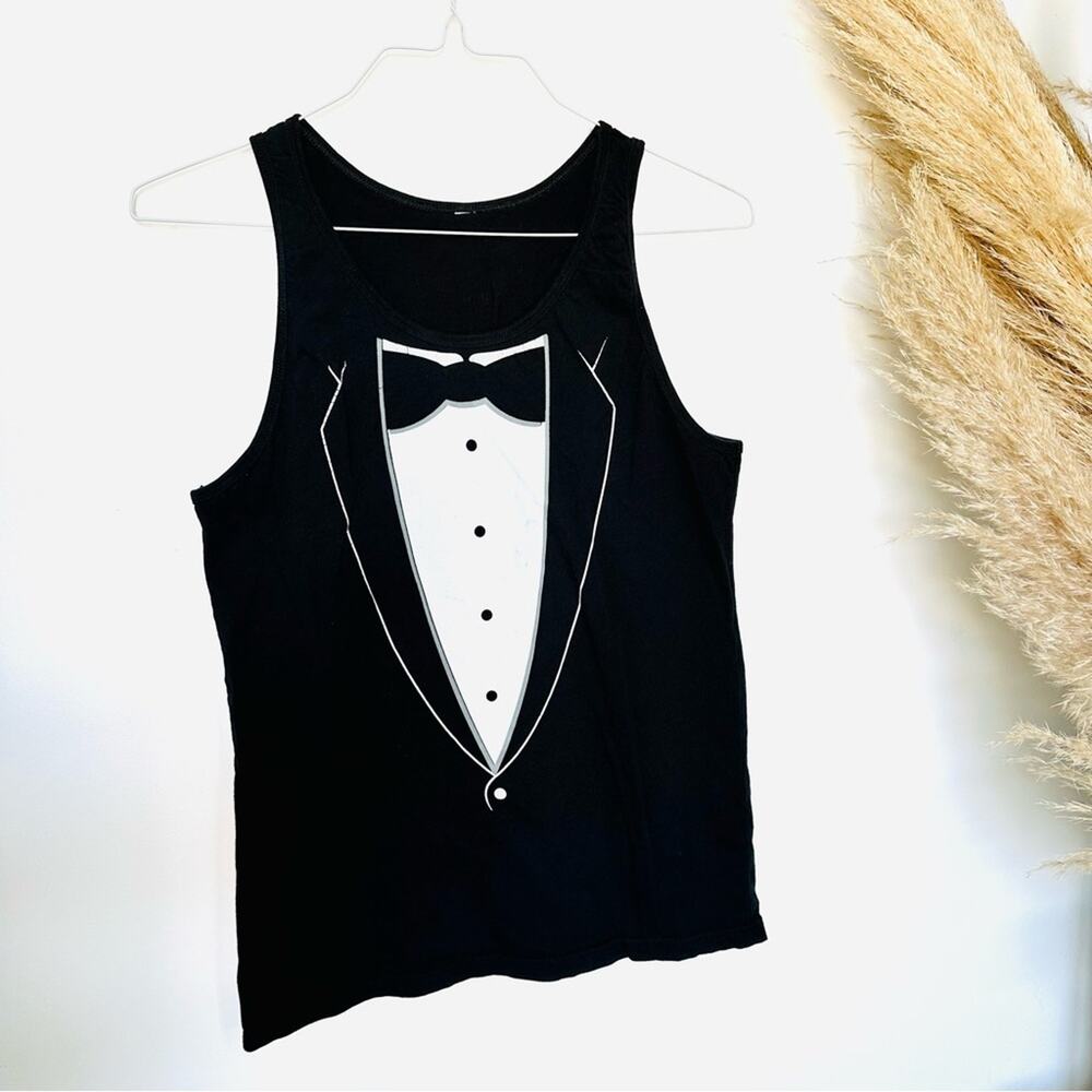 UNISEX Black White Tuxedo Screen Print Crew Neck Sleeveless Tank Top Shirt S M - Picture 2 of 6